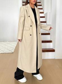 SHEIN EZwear 女士纯色前纽扣长袖仿口袋翻领简约夹克 - 卡其色 - 查看 5