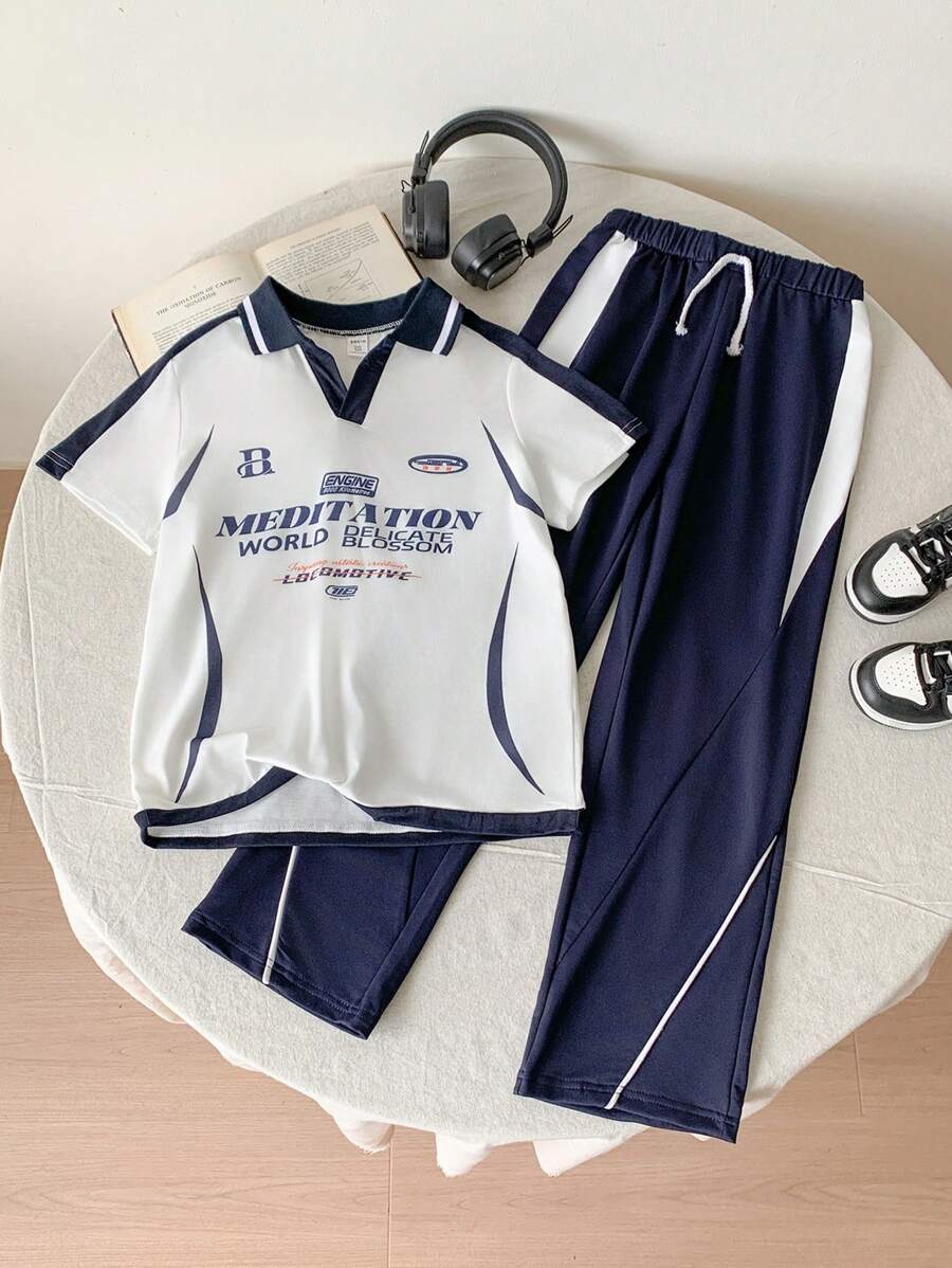 SHEIN Áo len và quần dệt kim có cổ có gân của Tween Boys Casual Academy 2 cái/bộ - trắng - Xem 1