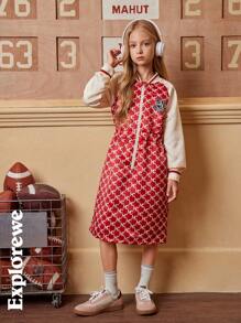 SHEIN 1 件女童棒球领插肩袖收腰连衣裙，都市休闲风格适合户外、街头、学校、派对等。 - 玫紅色 - 查看 7