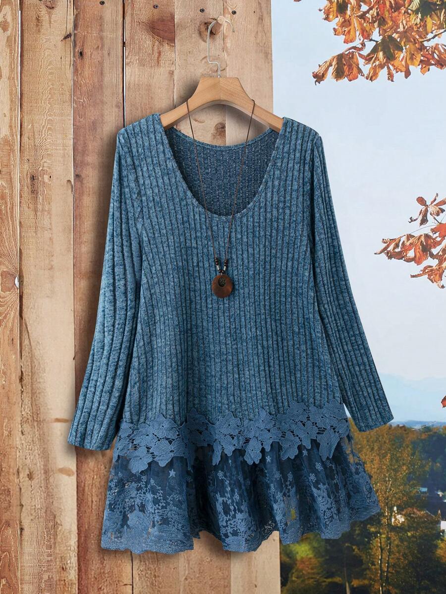 EMERY ROSE Plus Size Winter Women Blue Crew Neck Long Sleeve Ribbed Casual T-Shirt