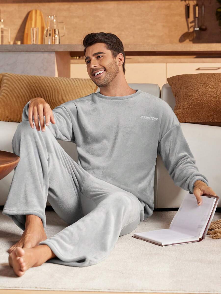 Men's Letter Embroidered Pajama Set, Top And Pants Loungewear - Light Grey - View 1