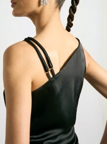 AiiRZ Satin Asymmetric Sleeves Metal Logo Detail Top - Black - View 3