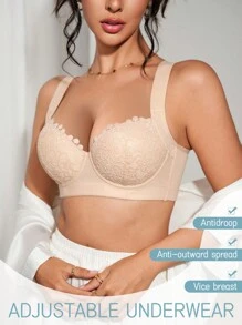 1pc Women Casual Soft Comfortable Wide-Strap Gather & Lift Underwire Bra Lingerie - Beige - View 6