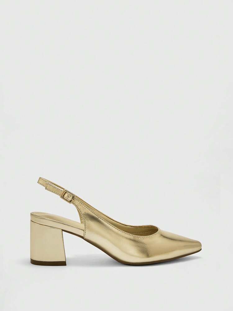 CUCCOO BIZCHIC 1 par de zapatos de tacón grueso con punta puntiaguda de oro de moda para mujer, cómodos zapatos de vestir para la primavera y la Semana Santa