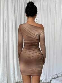 Chiquease Smudge Print Asymmetrical Neck Pleated Long Sleeve Dress - Brown - View 2