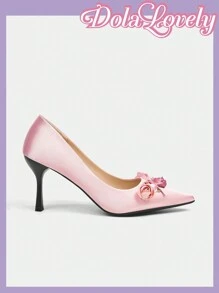 Dola Lovely Giày cao gót hở mũi họa tiết hoa nơ hồng trơn phong cách Lolita cho nữ - Hồng - Xem 7