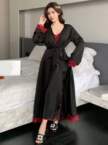 DAZY 缎面拼布撞色蕾丝吊带背心连衣裙睡袍套装，睡衣睡衣 - 黑色 - 查看 5