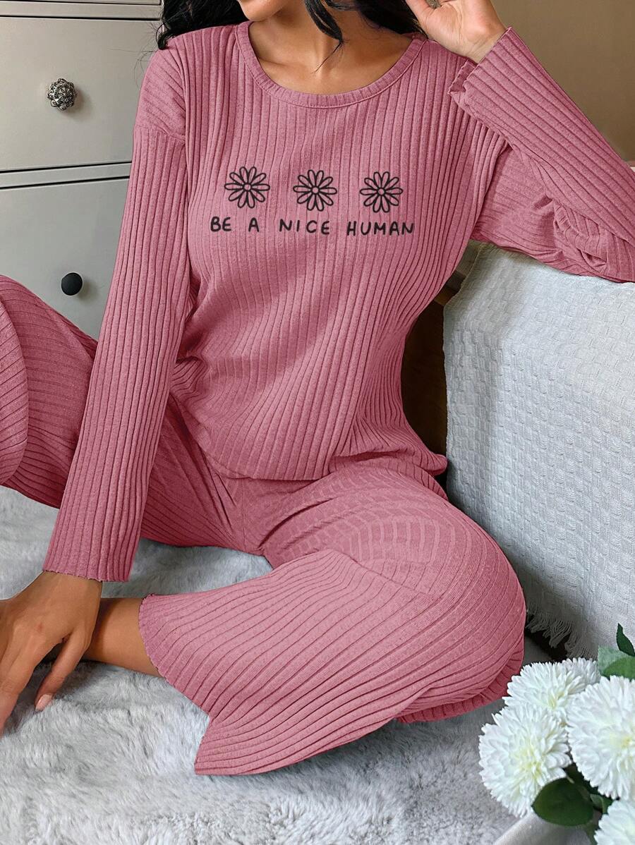 SHEIN Cottnline Slogan & Floral Pattern Ribbed Knit Lounge Set - Dusty Pink - View 1