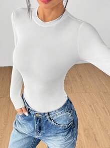 SHEIN PETITE Solid Knit Stretch Fitted Black Bodysuit - White - View 7