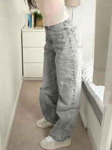 NVFelix 女士宽松直筒牛仔裤，做旧处理，复古休闲Y2K街头风，适合冬季，灰色。感恩节、新年皆宜。