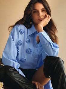 Anewsta 女士优雅条纹 3D 花卉装饰宽松衬衫、长袖上衣