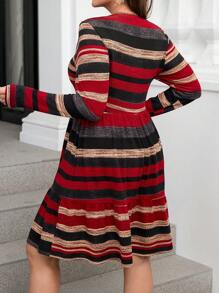 SHEIN Clasi Plus Size Casual Everyday Color Block Striped Cinched Waist Dress For Autumn - Multicolor - View 2
