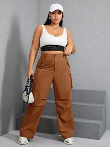 SHEIN EZwear Plus Size Solid Color Casual Straight Leg Pants With Pocket - Brown - View 5