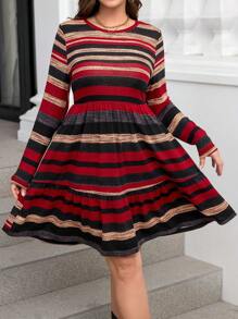 SHEIN Clasi Plus Size Casual Everyday Color Block Striped Cinched Waist Dress For Autumn - Multicolor - View 3