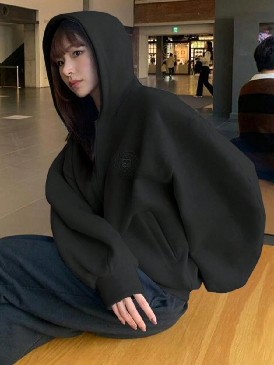 DAZY Women Embroidered Pattern Solid Color Hooded Zip-Up Sweatshirt - Black - View 1