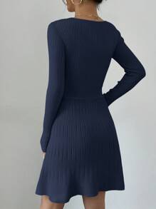 Elenzga 女士纯色重叠 V 领长袖短款针织毛衣连衣裙，秋冬 - 藍色 - 查看 2
