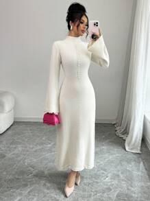 Elenzga Elegant Solid Color Bell Sleeve Long Sweater Dress, Autumn/Winter - White - View 1