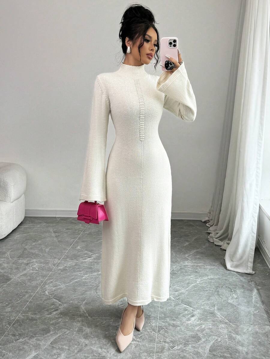 Elenzga Elegant Solid Color Bell Sleeve Long Sweater Dress, Autumn/Winter - White - View 1