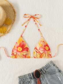 Swim Mod 1 件橙色花卉双面时尚细肩带挂脖比基尼上衣，夏季度假 - 彩色 - 查看 3