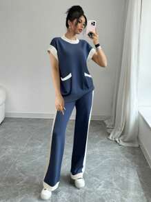 SHEIN Unity 女式海军蓝和白色拼色无袖套头衫，带口袋，搭配直筒裤 - 彩色 - 查看 3