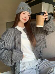 DAZY Women Vintage Niche Cable Knit Patchwork Ruffle Trim Loose Cardigan Sweater For Autumn/Winter,Fall Women Clothes - Grey - View 3