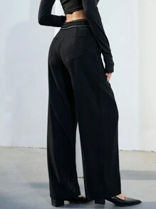 Aveloria Modichic Black High-Waisted Thick Tweed Wide Leg Casual Loose Pants For Women With Contrasting Floral Lace Design Fall Cloth For Women