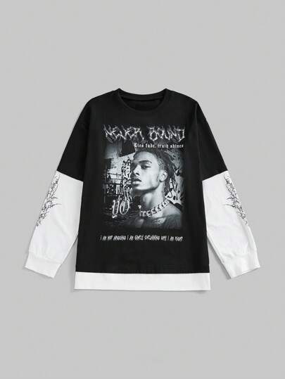 Grunge Punk T-shirt ample à manches longues 2 en 1 avec imprimé slogan et couleur contrastée dans un style rétro de rue, unisexe