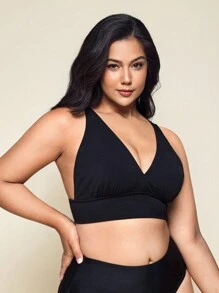 SHEIN Swim Plus Size V-Neck Simple Swimwear Top, For Everyday Wear Summer