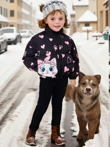 Young Girls' Pink Cat Heart Printed Cartoon Pattern Holographic Zip Up Mock Neck Thermal Padded Coat, Warm And Comfortable Long Sleeve, Great For Casual & Daily Wear & School Daily In Autumn & Winter, For Christmas