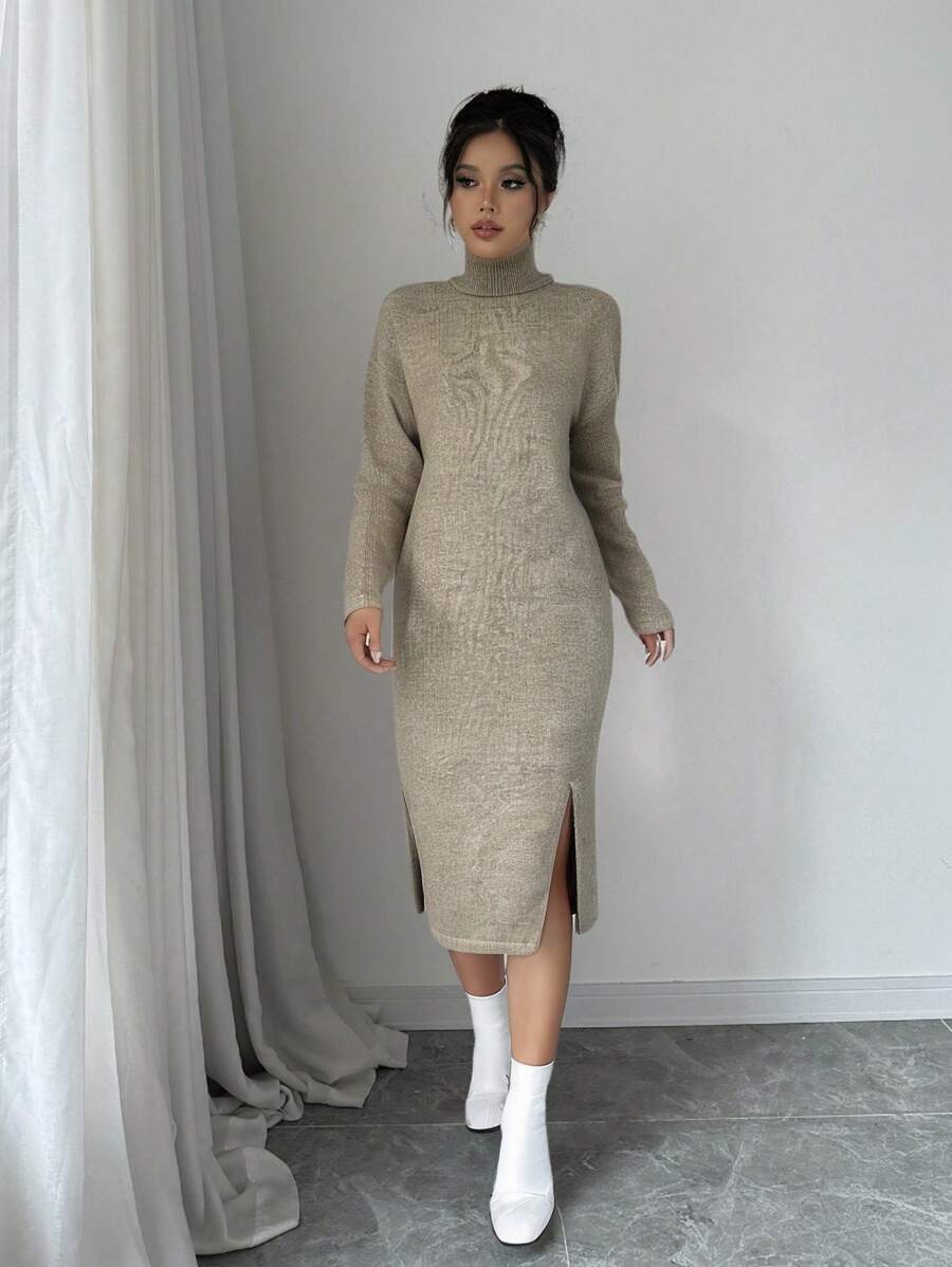 Chiquease High Collar Pullover Over Knee Slit Woman Sweater Dress, Casual Elegant Style For Autumn/Winter - Camel - View 1