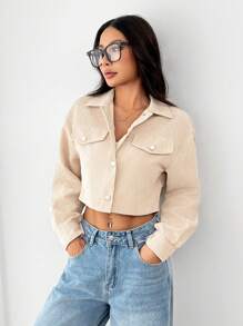 SHEIN PETITE Spring Outfits Drop Shoulder Flap Detail Crop Corduroy Jacket In Fall/Winter - Apricot - View 5