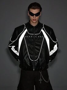 NEON BLANC Chaqueta bomber de manga larga de PU con bordado reflectante, estilo urbano