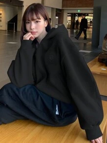 DAZY Women Embroidered Pattern Solid Color Hooded Zip-Up Sweatshirt - Black - View 5