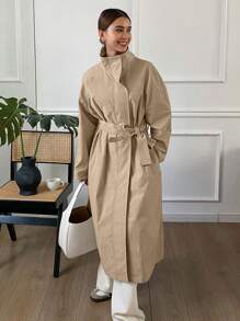 DAZY 1pc Women Solid Color Loose Long Sleeve Belted Pocket Button Trench Coat Women Jacket,Fall Women Clothes - Khaki - View 5