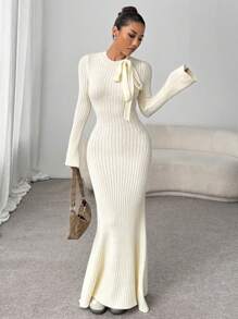 Flirla Casual Versatile Ribbed Knit Sweet Sweater Dress - Apricot - View 4
