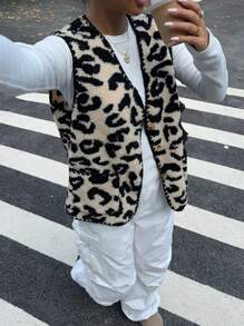 SHEIN Essnce 秋季女式豹纹毛绒背心夹克，猎豹印花背心春秋宽松休闲外套 - 卡其色 - 查看 1