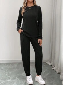 SHEIN LUNE Women Casual Color Block Long Sleeve Top And Pants 2 Pieces Set, Autumn - Black - View 6