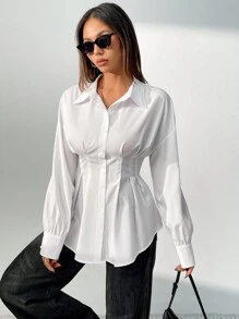 Chiquease 1 chiếc áo sơ mi nữ tay dài màu trắng, thắt eo, viền bất đối xứng, thường ngày, tay dài - trắng - Xem 3