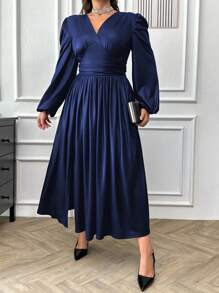 EURMUSE 大码优雅简约褶饰 V 领主教袖高开叉连衣裙 - 藏蓝色 - 查看 4