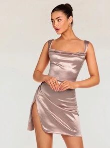 Glamine Elegant Solid Color V-Neck Split Hem Ruched Mini Dress