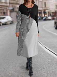 EMERY ROSE Plus Size Solid Color Patchwork Round Neck Long Sleeve Casual Dress Winter Dress