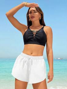 Swim SPRTY Quần Bikini Viền Xoắn Màu Trơn Đi Biển Mùa Hè Cho Nữ - trắng - Xem 3