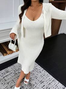 SHEIN Clasi 女士纯色修身优雅上衣和 A 字裙 2 件套 - 黑色 - 查看 4