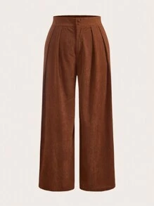 SHEIN Frenchy Plus Size Plain Color Straight Leg Corduroy Pants, Casual French Style - Rust Brown - View 1