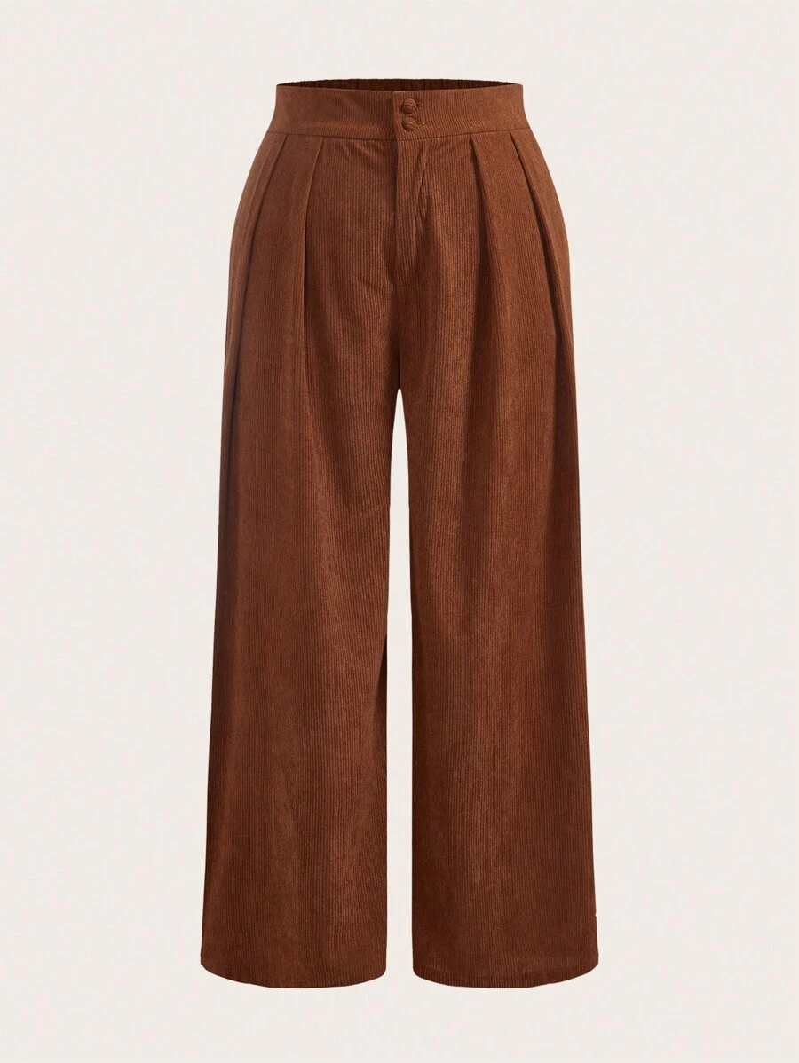 SHEIN Frenchy Plus Size Plain Color Straight Leg Corduroy Pants, Casual French Style - Rust Brown - View 1