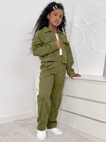 SHEIN 2pcs Tween Girl Casual Vintage College Style Corduroy Jacket & Skirt Set