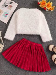 SHEIN Young Girls Young Girl Bowknot Plush Jacket & Plush Pleated Skirt Set, Fashionable Outfit For Holiday, Autumn/Winter, For Christmas