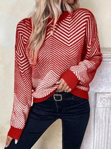 SHEIN LUNE Color Block Jagged Stripe Print Casual Versatile Long Sleeve Pullover Sweater