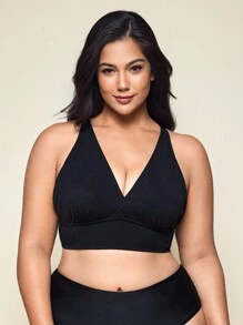 SHEIN Swim Plus Size V-Neck Simple Swimwear Top, For Everyday Wear Summer
