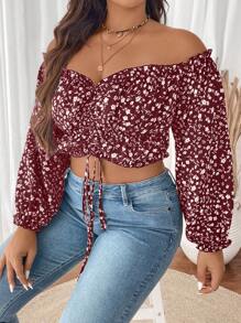 SHEIN VCAY Áo kiểu trễ vai xếp ly buộc dây dành cho người có vóc dáng mũm mĩm, thích hợp cho kỳ nghỉ lễ. - Màu Đỏ Sâu - Xem 1